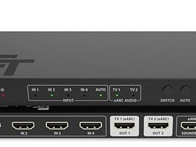 FeinTech AX341 HDMI 2.1 eARC Splitter Switch 4-in-2 Out with Audio Extractor (eARC Soundbar, Toslink & AUX), 8K 60Hz, 4K120Hz, Downscaler