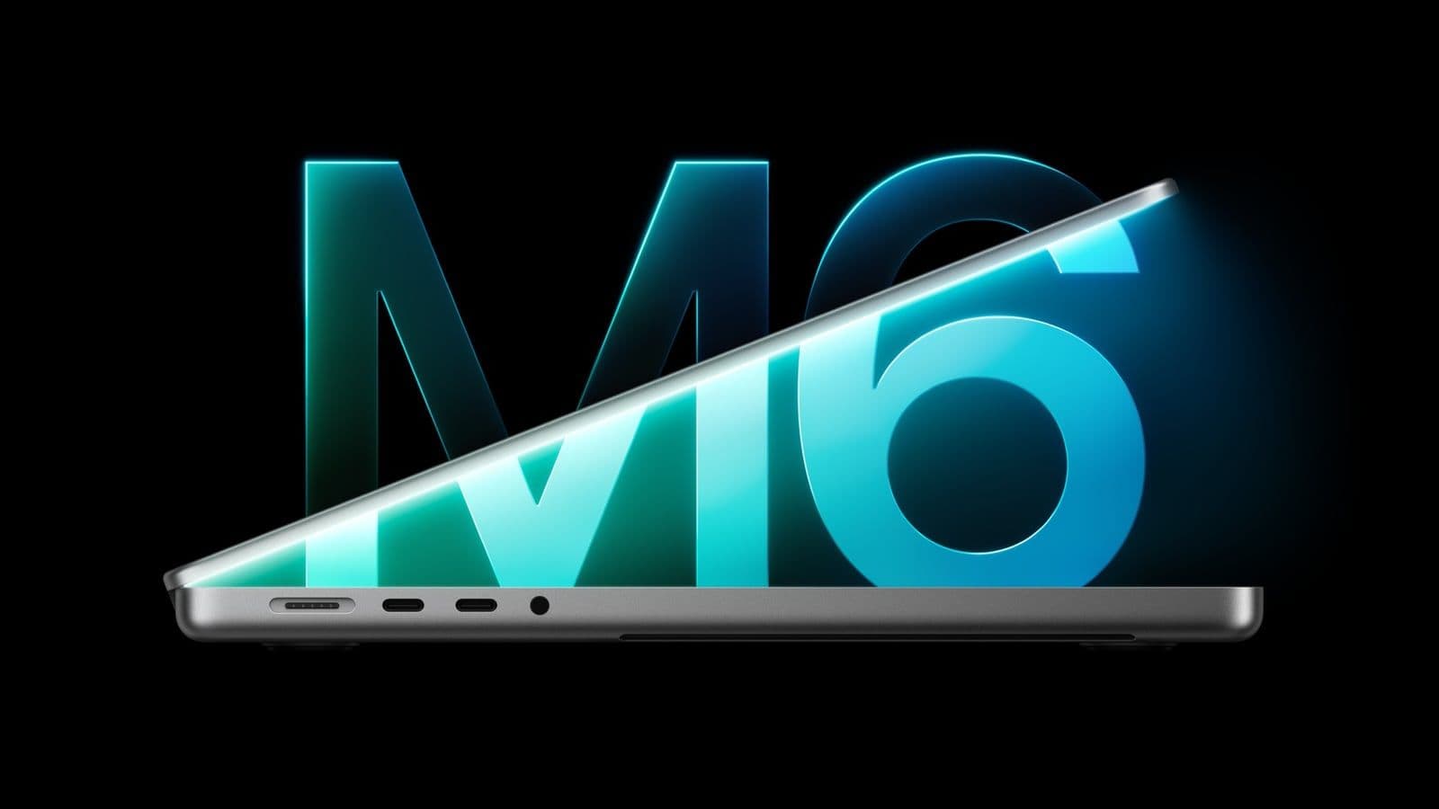 Zijaanzicht van een deels geopende spacezwarte 14-inch MacBook Pro voor een oplichtend M6-logo