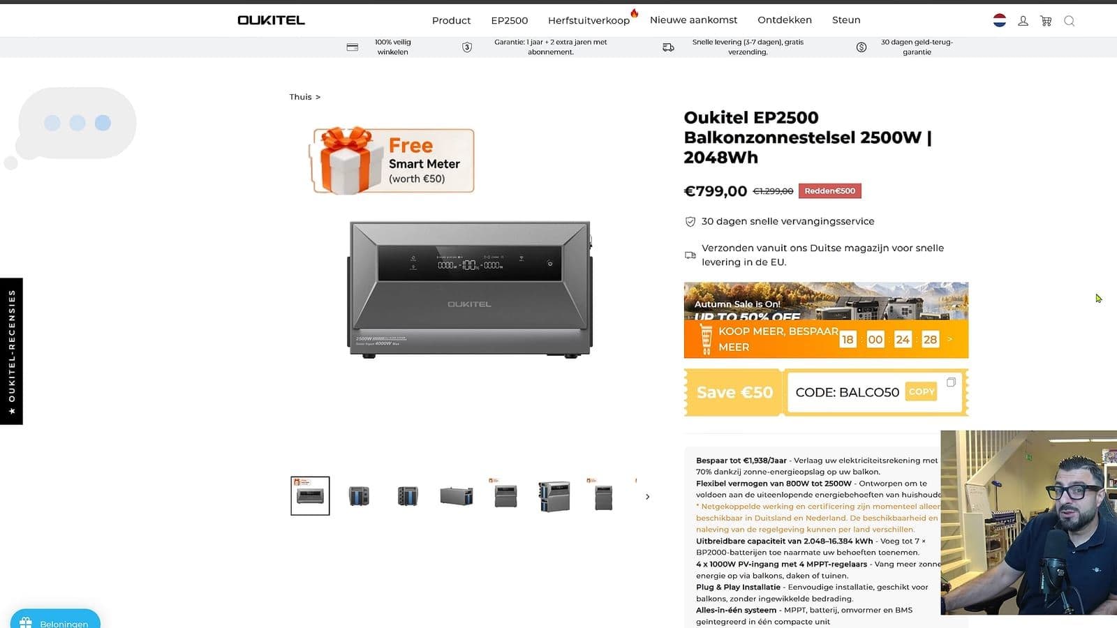Webshoppagina van Oukitel met de EP2500 voor €799,00, doorgestreepte prijs van €1.299,00 en Zino rechtsonder in beeld