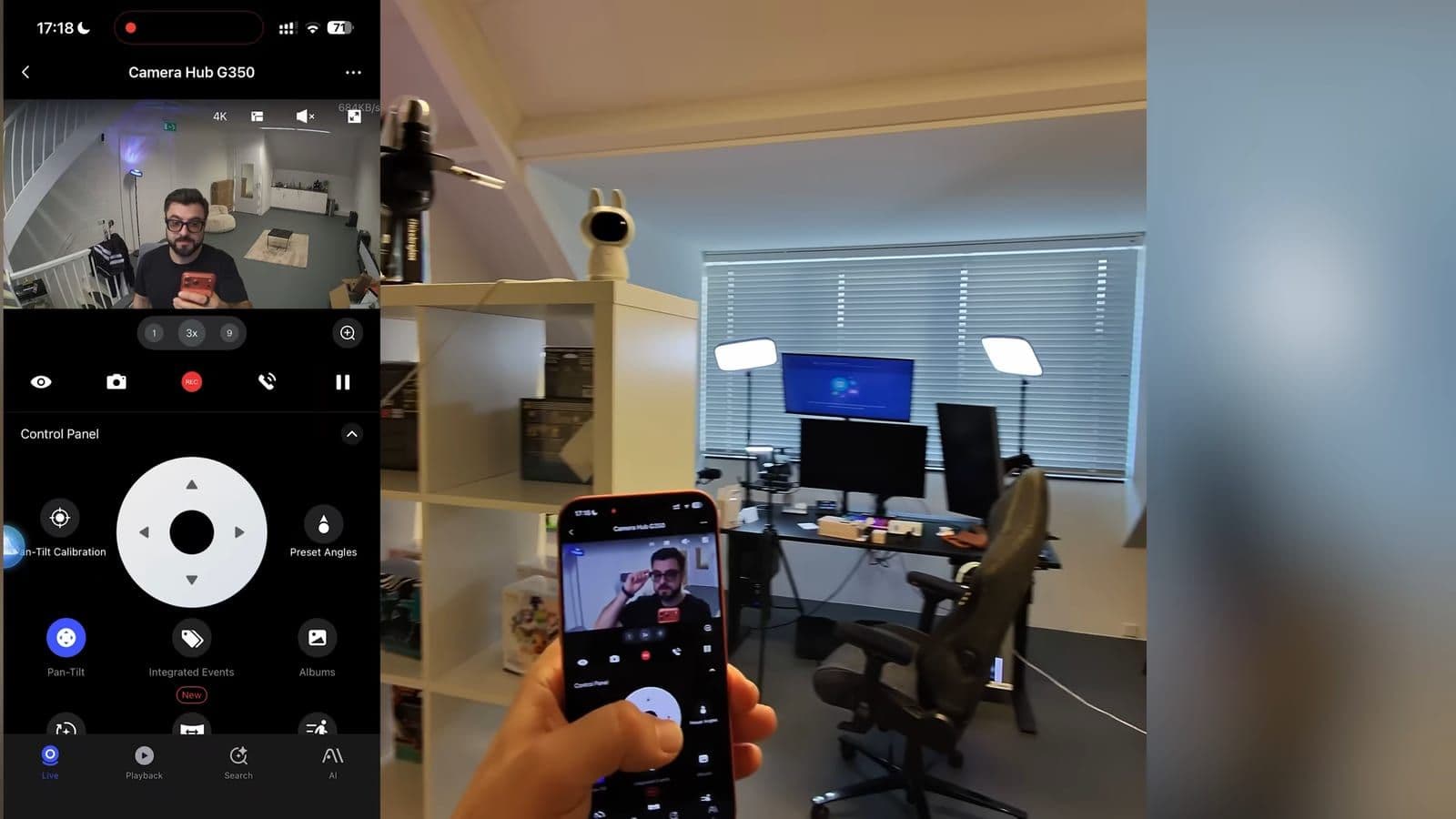 Smartphone displaying the Aqara G350 pan-tilt interface alongside the physical camera on a shelf