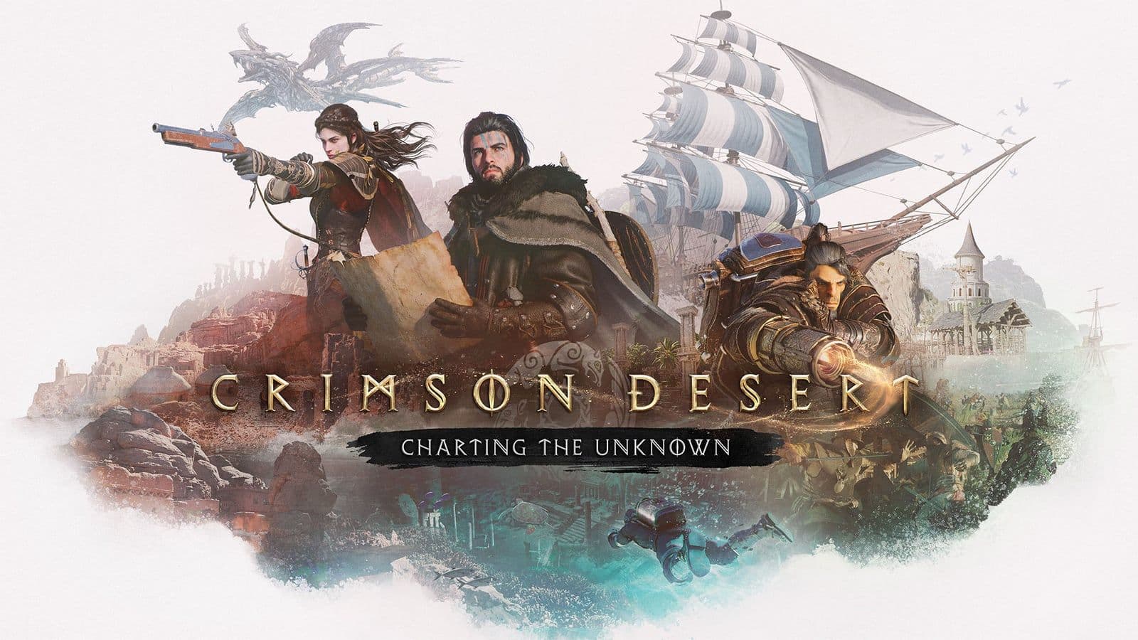 Illustratie van personages uit Crimson Desert Charting the Unknown