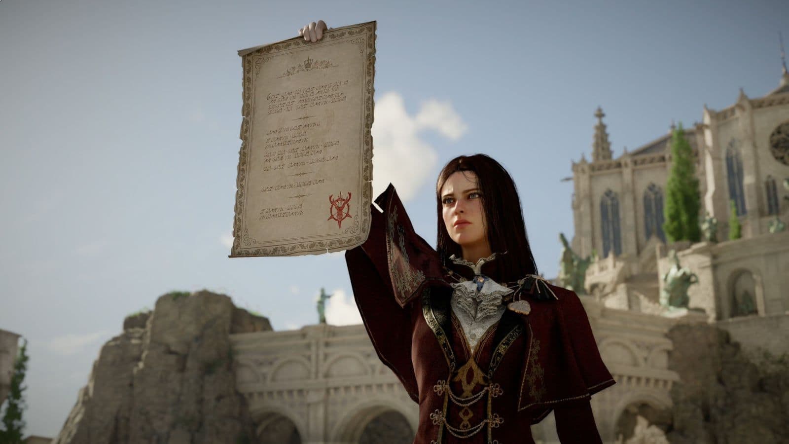 Personage Damiane toont een document voor een kasteel