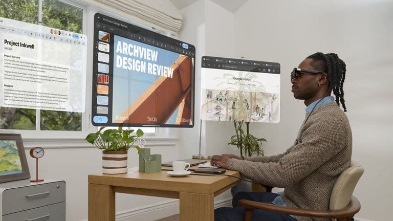 Man aan een houten bureau met de XREAL Aura-bril op terwijl er drie virtuele werkvensters in de lucht zweven