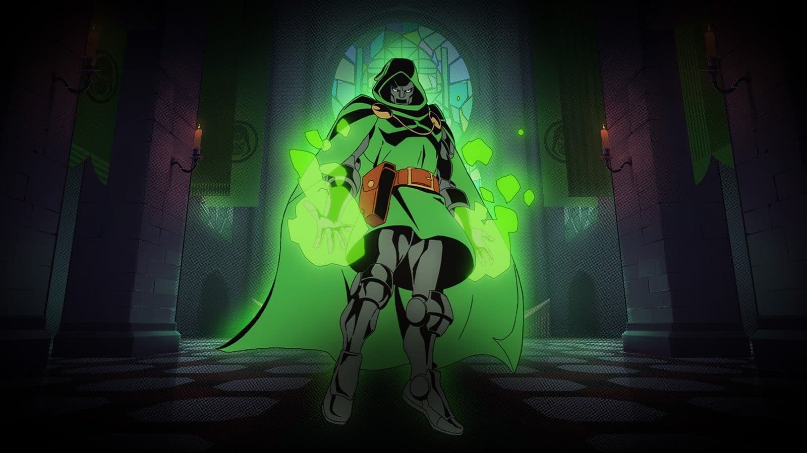 Doctor Doom in een groene cape omringd door kosmische energie in Castle Doomstadt