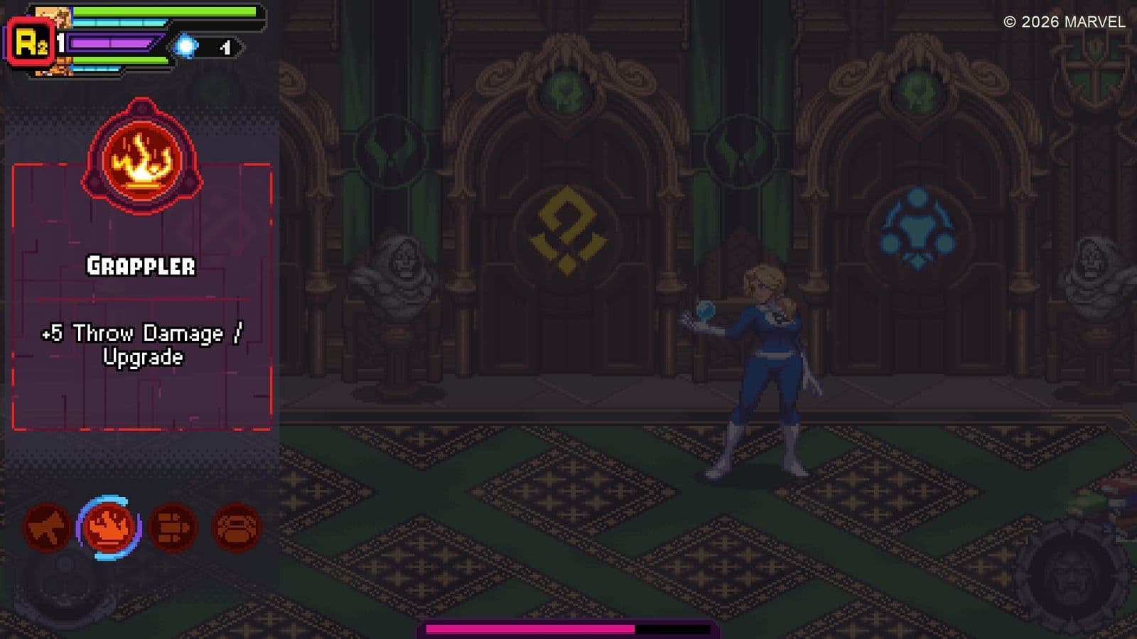 The Invisible Woman in pixelart voor drie kasteeldeuren met een perkmenu aan de linkerkant