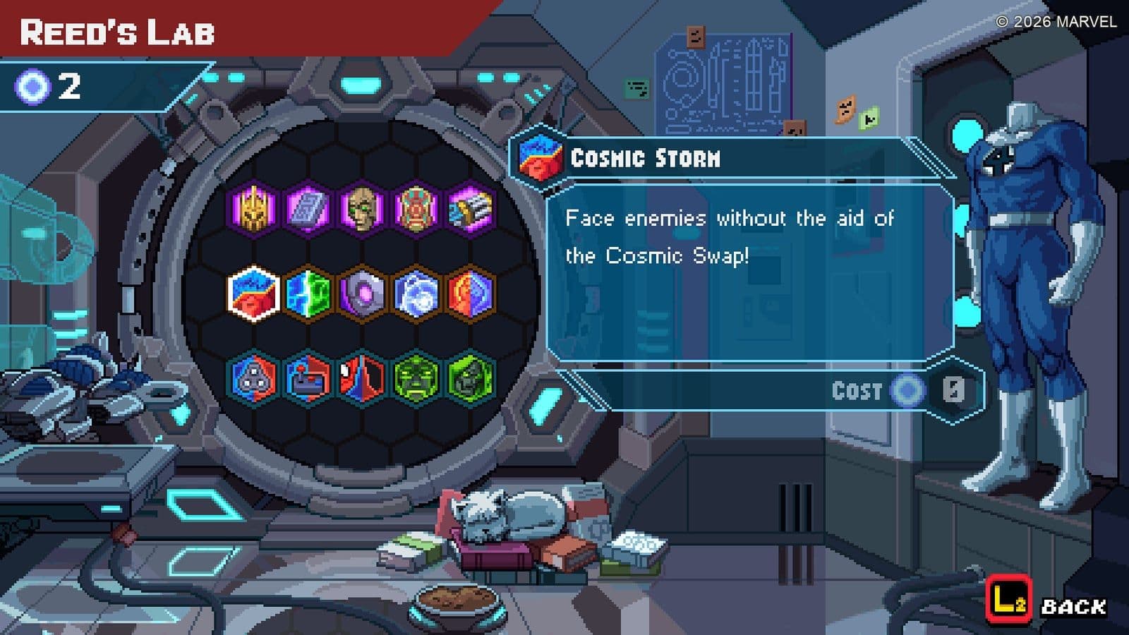 Reeds Lab met een overzicht van modifiers en upgrades in pixelart
