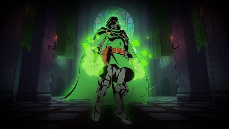 Doctor Doom in een groene cape omringd door kosmische energie in Castle Doomstadt