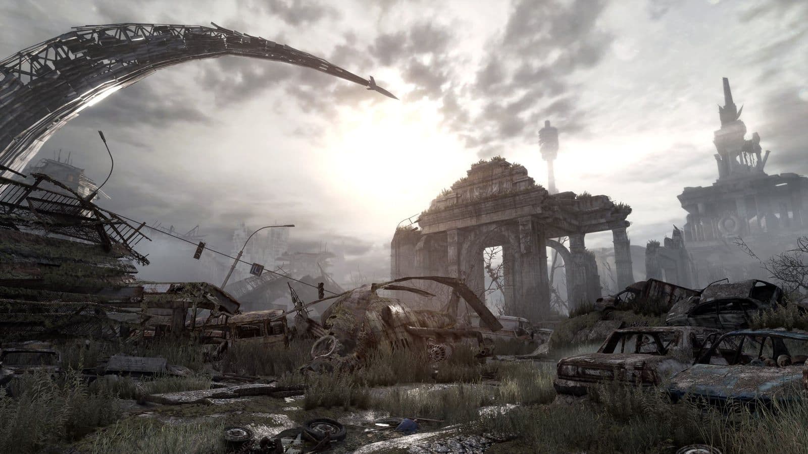 Verlaten ruïnes en verwoeste auto's onder een bewolkte hemel in Metro Redux