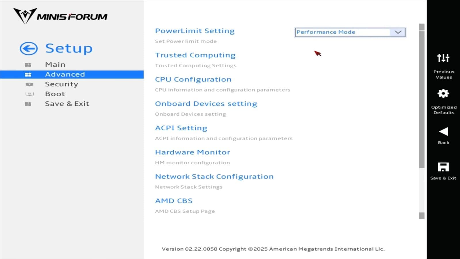 BIOS screen showing the power limit setting set to Performance Mode