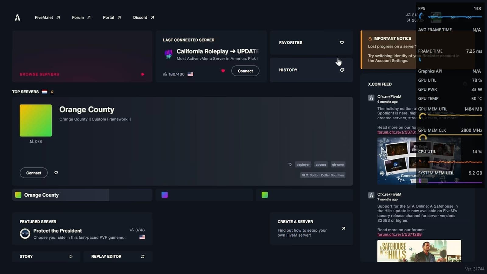 FiveM launcher connected to the California Roleplay server
