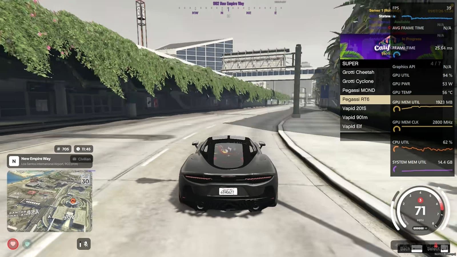 Telemetry overlay during FiveM driving showing FPS and memory usage