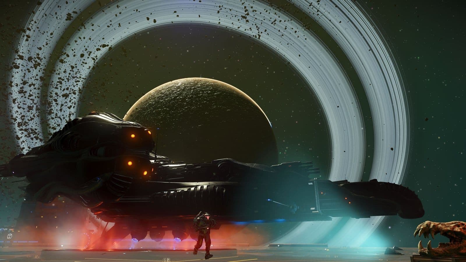 Ruimteschip van No Man's Sky Forsaken geparkeerd voor een planeet met ringen