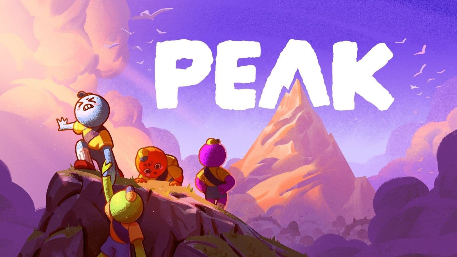 Illustratie van vier scouts die naar een bergtop kijken in Peak