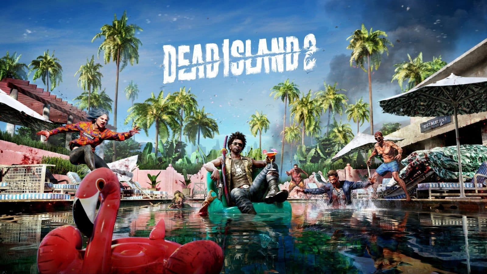 Artwork van Dead Island 2 met een overlevende bij een zwembad