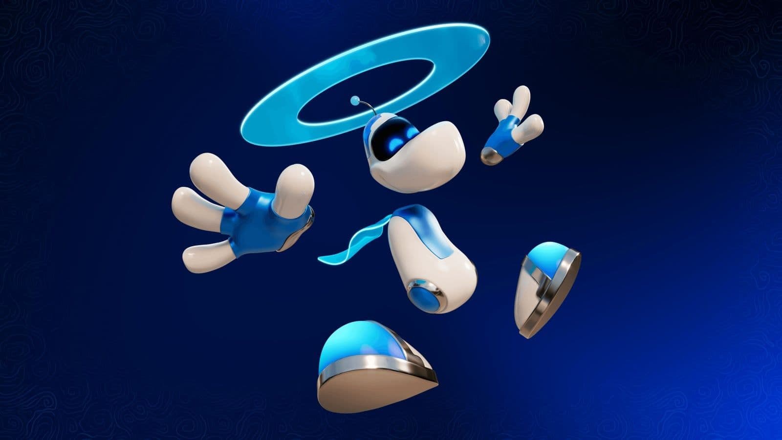 Rayman zwevend in de lucht gehuld in een wit met blauw Astro Bot-pak