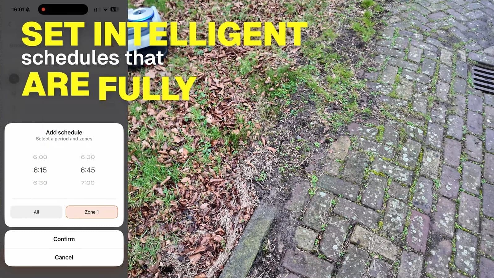 Mobile app screen showing scheduling options for different garden mowing zones