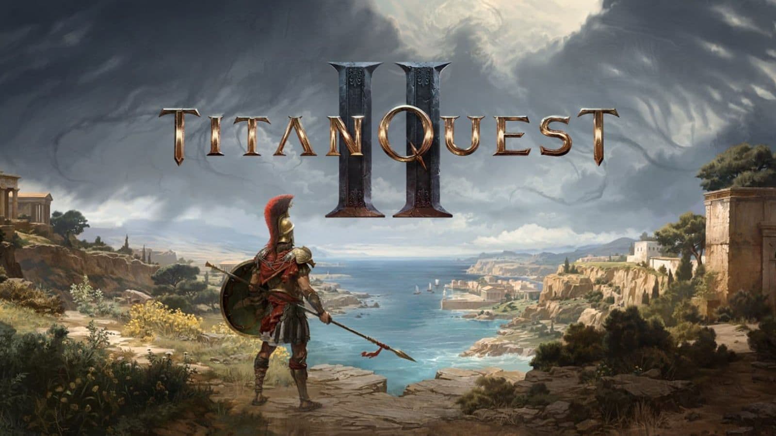 Een Spartaanse krijger kijkt uit over een Griekse kust met tempels en het logo van Titan Quest II