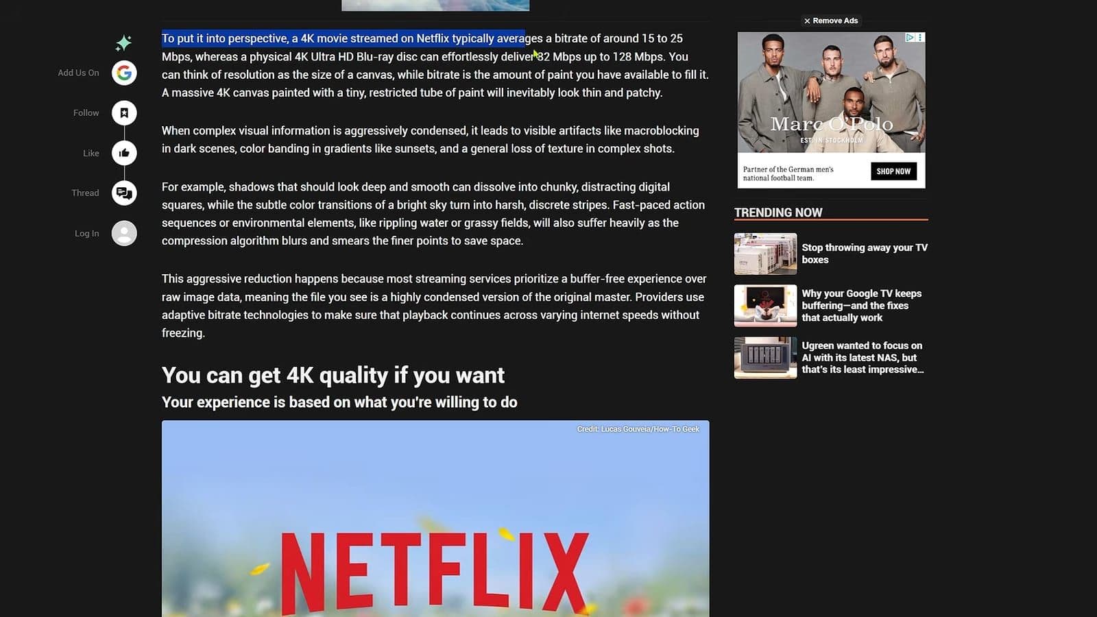 Side-by-side spec comparison article regarding Netflix streaming bitrate versus 4K UHD Blu-ray