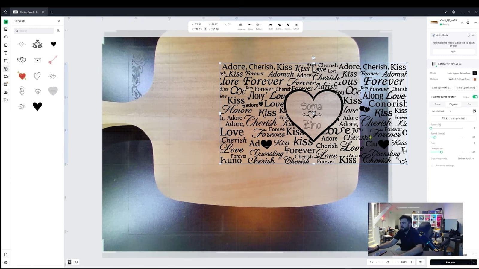 xTool Studio interface waarin een typografisch hartontwerp wordt uitgelijnd over een snijplank