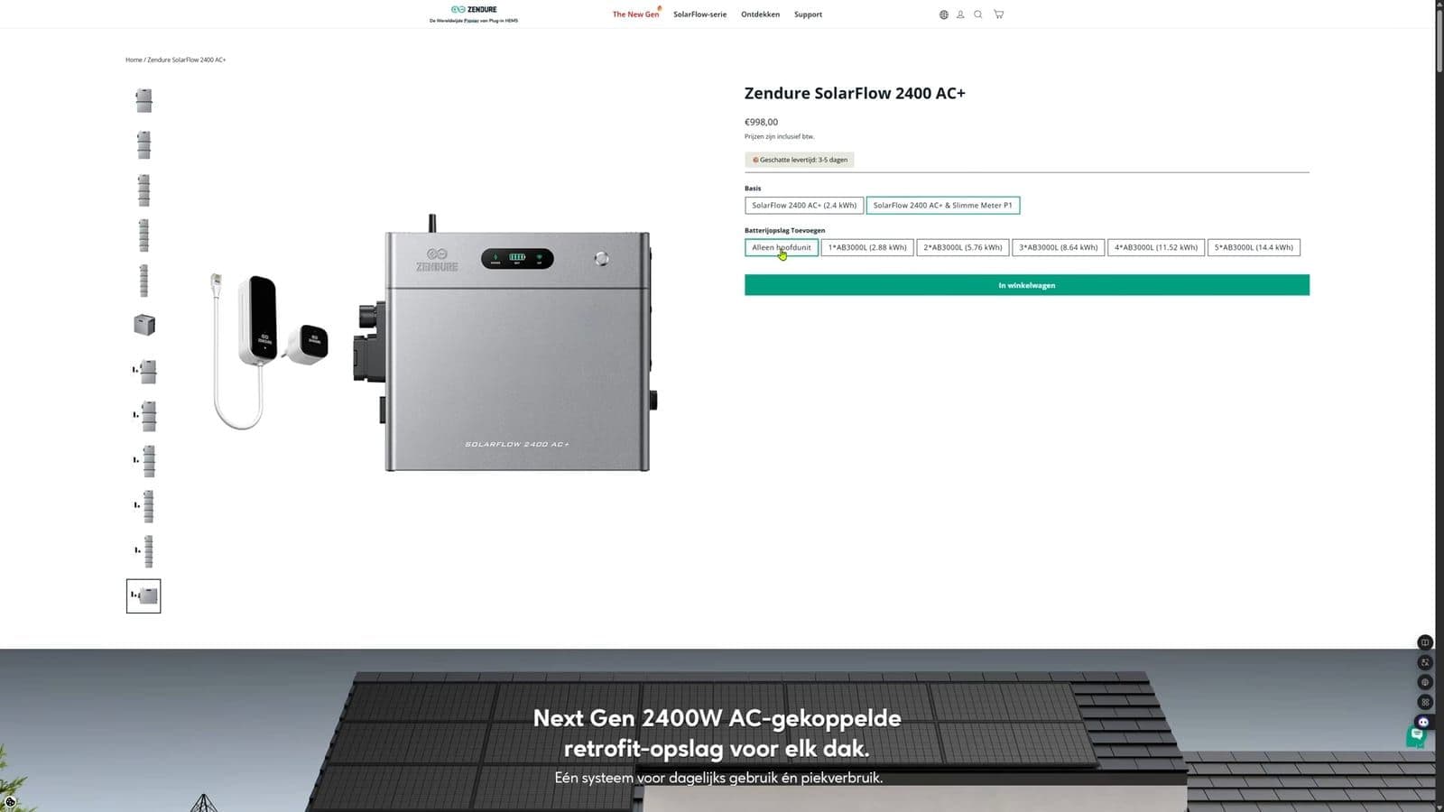 Screenshot van de Zendure webshop met specificaties en modules van de 2400 AC+