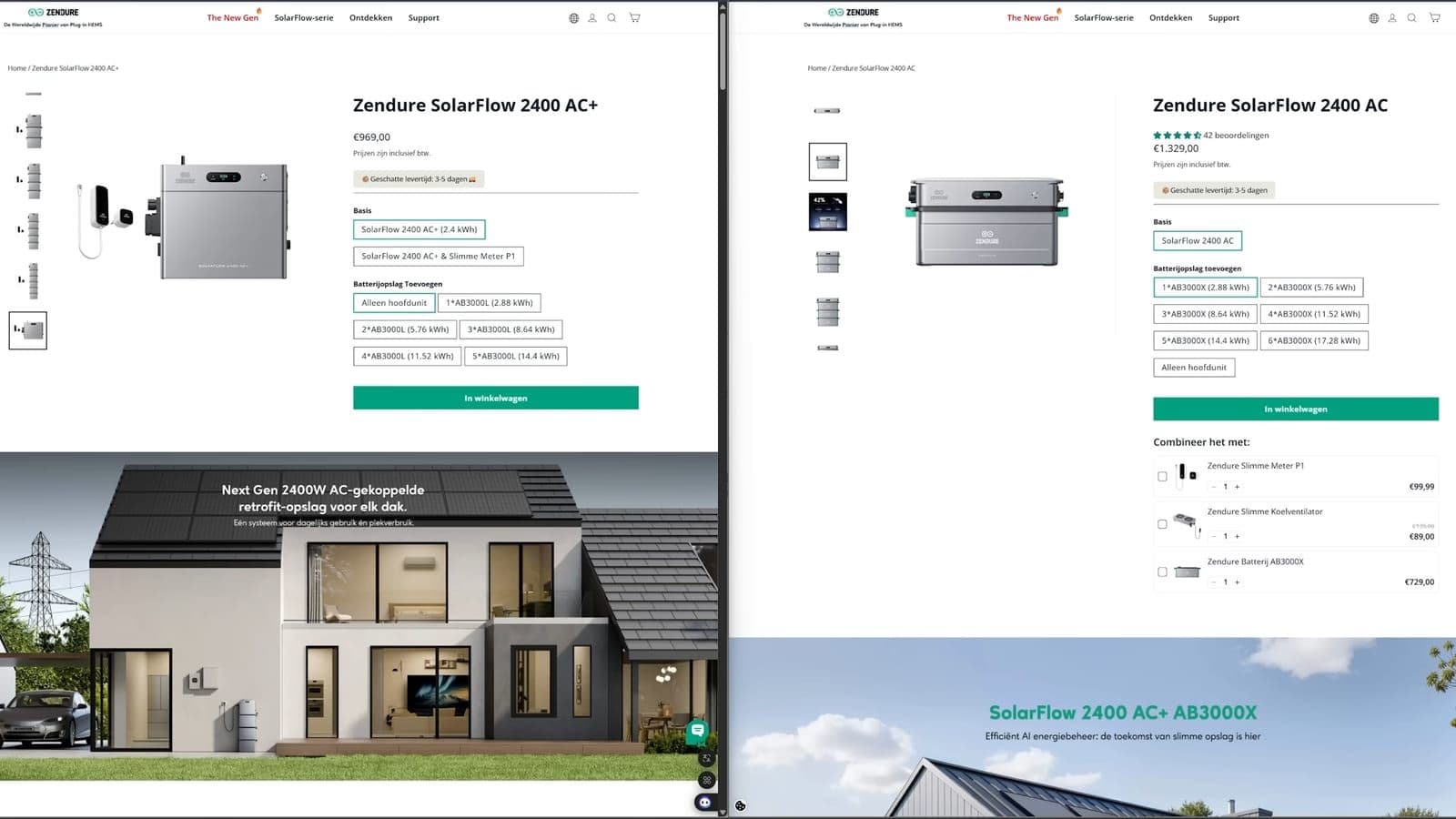 Schermopname van de Zendure website met vergelijking tussen de AC en AC+